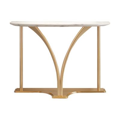 China Stainless Steel Entrance Table Wall Table Titanium Gold Metal Base Natural Marble Top Hotel Villa And Living Room Use for sale