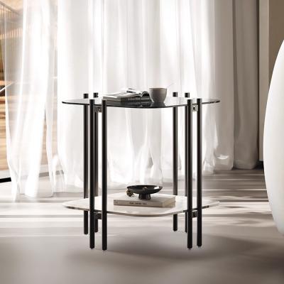 China Brushed Square End Table Silver Grey Glass Top Metal End Table for sale