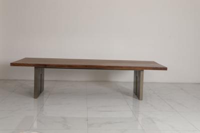 China Contemporary Wood Table Top Dining Table With Stainless Steel Base Bronze Finish for sale