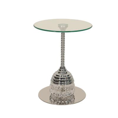 China Minimalism Satin Finish Clear Glass Top Stainless Steel End Table Metal for sale