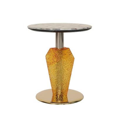 China Agate Top Shiny Finish Stainless Steel Round End Table Gold Metal Base Glass pillar for sale