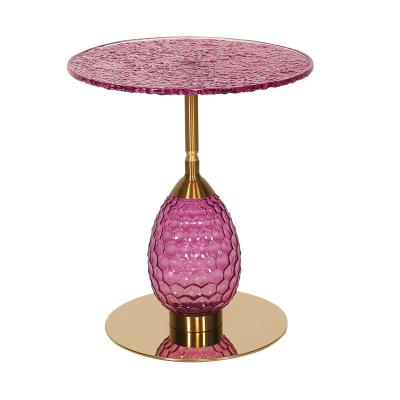 China Purple Glasss Top Unique Design Shiny Finish Stainless Steel End Table Gold Metal Base for sale