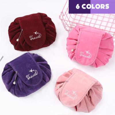 China Luxury Large Capacity Women's Fashion Cosmetic Bags Suede Round Velvet Makeup Bag Eco-Friendly Korean Lazy Round Drawstring Velvet Travel Bag for sale