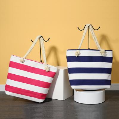 China Good Quality Fashion Women Canvas Eco-friendly Handbag With Cotton Handle Shoulder Customer Tote Stripe Canvas Beach Bags Fashionable Tote Bag for sale