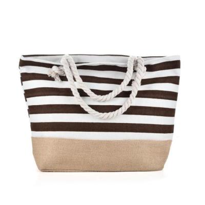 China Factory Wholesale Eco-friendly Outdoor Canvas Striped Handbags Folding Cotton Canvas Shopping Tote Bag Folded Large Stripe Canvas Beach Bags for sale