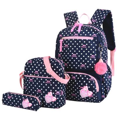 China light & large capacity backpack school bag set with pom pom printed nylon lightweight cross - body bag pen bag and school backpack set for girls teenagers for sale