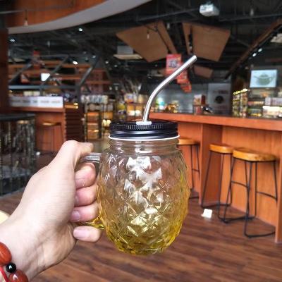 China Creative Color Mason Gradient Shape Pineapple 450ml Viable Bending Stored Glass Mug With Straw for sale