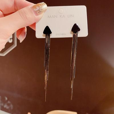 China Dark Black Lead Free Nickel Free Department Triangle Fresh Black Tassel Style Temperament Web Celebrity Long Earrings for sale