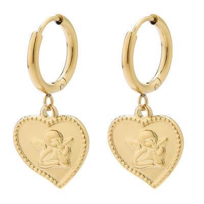 China Environmental Friendly Fashionable Heart Shaped Pattern Cupid 14k Gold Stainless Steel Circle Dangle Earring for sale