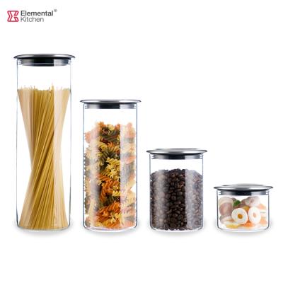 China 4 Pcs Sustainable Storage Jar Set Kitchen Rubber Seal Borosilicate Glass Airtight Clear Food Storage Jar Top With Box Silver Lids for sale