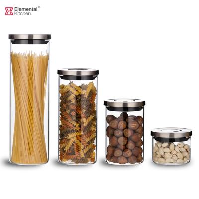 China 4 Pcs Viable Storage Jar Set Reusable Transparent Clear Storage Jar Stackable Food Snacks Food Borosilic Glass With Airtight Lid for sale