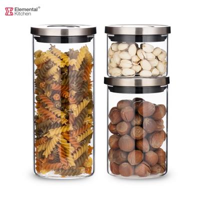 China Sustainable 3 Pcs Storage Jar Set Reusable Transparent Food Grade Reusable Eco Friendly Round Storage Boxes Jar With Stainless Steel Lid for sale