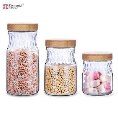 China Sustainable 3 Pcs Storage Jar Set Creative Silicone Baby Food Glass Storage Jars Set Bamboo Lids For Kitchen Spaghetti & Rice With Lid for sale