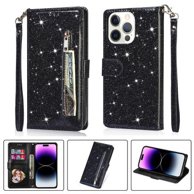 China Card Slots Shockproof Magnetic Wallet Zipper Bling Glitter PU Leather Phone Case for iPhone 14 13 12 mini 11 max pro for Samsung S23 ultra for sale