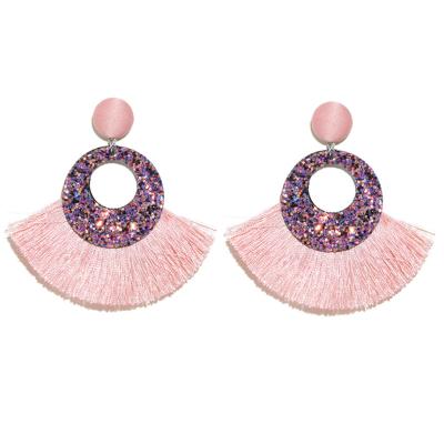 China Newest Fashion Creative Multicolor Women's Handmade Crystal Beaded Tassel Wire Circle Earrings Cheap Bohemian Earrings TRENDY Boho Pink for sale