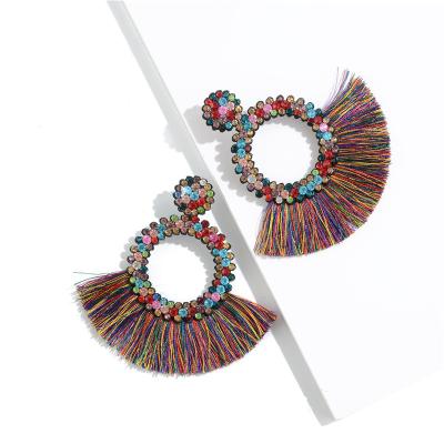 China New Fashion High Quality Bohemia Hooop Earring Handmade Ethnic Jewelry Long Silk Thread Crystal Rhinestone Beaded Tassel Earrings For Women for sale