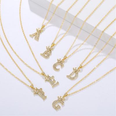 China Luxury Zircon Crown Initial Letters Alloy Gold Plated Chain Necklaces & Pendant For Women Men Cubic Zircon Hip Hop Jewelry Necklace for sale