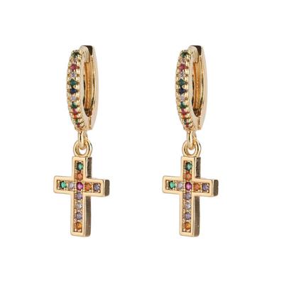 China European Style 18k/14k Luxury Jesus Cross Zircon Drop Earrings High Quality Gold Plated Pave CZ Cubic Zircon Cross Jewelry Dangle Earring for sale