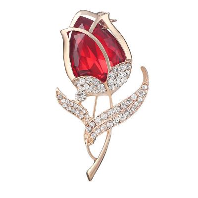 China New Fashion Elegant Korean Diamond Studded Tulip Brooch Quality Corsage Lapel Pin Glass Flower Plating Brooches For Women for sale