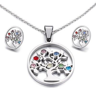 China CLASSIC Women 316L Stainless Steel Rhinestone Stud Earrings and Tree Pendant Round Three Piece Titanium Chain Necklace Jewelry Sets for sale