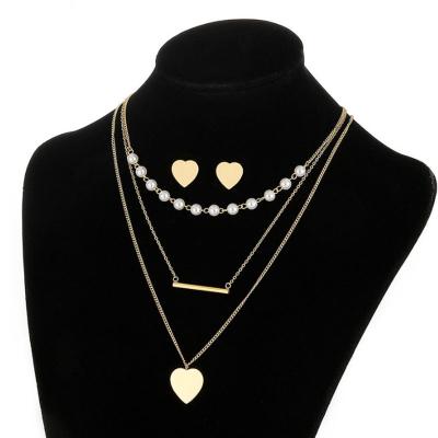 China CLASSIC Women's 316L Stainless Steel Pearl Stud Earrings And Titanium Fine Pendant Necklace Heart Chain Jewelry Sets Three Piece Suit for sale