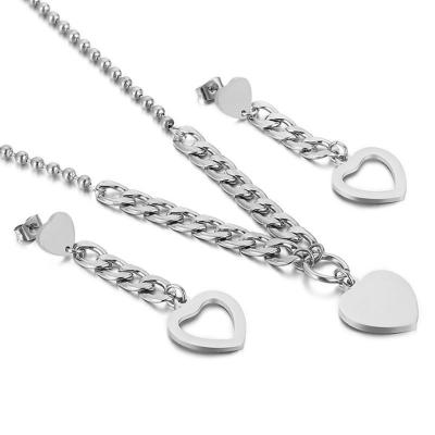 China CLASSIC Wholesale Price Woman Stainless Steel Stud Earrings and Three Piece Suit Pendant Necklace Love Heart Chain Titanium Jewelry Sets for sale