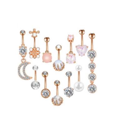 China Crystal Rhinestone Zircon Inlaid 12 in 1 Latest Fashion Navel Ring Set Crystal Rhinestone Inlaid Dangle Pearl Navel Rings Body Piercing Jewelry for sale