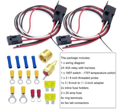 China Automobile Dual Electric Cooling Fan Relay Switch Kit 4 Pin Radiator Electric Fan Thermostat Kit 40AMP Waterproof Relay Harness Temper for sale