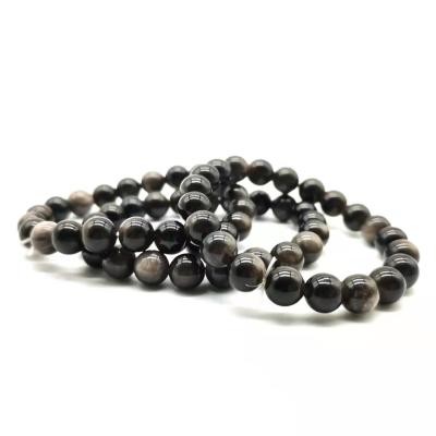 China Wholesale Europe 8/mm Obsidian Natural Silver Stone Bead Trendy Elastic Bracelets for sale