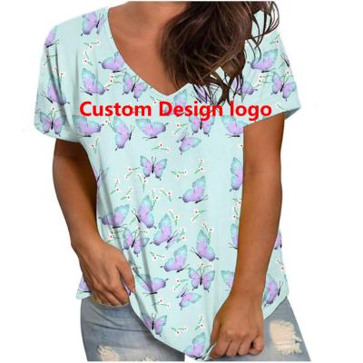 China Anti-Wrinkle Customize Elegant Short Sleeve Polynesian Style Chinese Hibiscus Rosa-Sinensis Printed V-Neck T-Shirts Polyester for sale