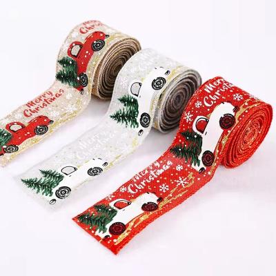 China creative car ribbon Christmas tree printing ribbon new Semi-mechanical and semi-manual Christmas decorations the new dress up canvas silk color strips for sale