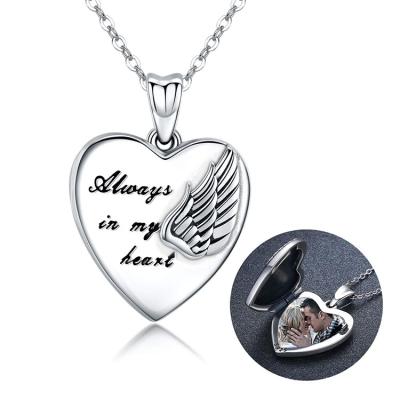 China TRENDY 925 Sterling Silver Angel Wings Heart Always In My Heart Photo Pendant Necklace Jewelry for sale