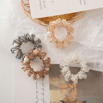 China Popular Ponytail Headband Imitation Pearl Designer Designs Hair Scrunchies Telephone Line and Metal Coil Hair Ties for sale