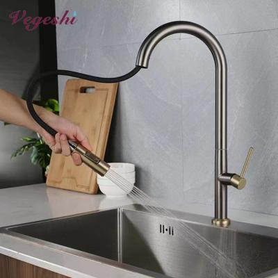 China Vegeshi Kitchen Sink Faucet Single Handle Stainless Steel Metered Brushed Gold Faucets Pull Down Kitchen Faucet With Sprayer for sale