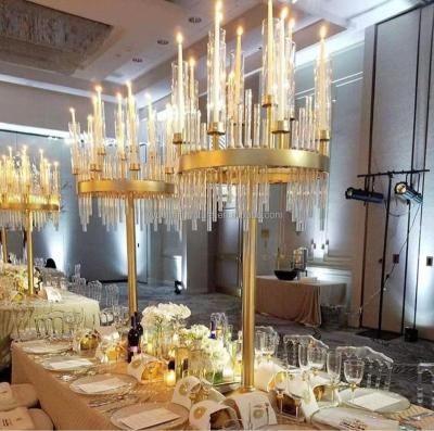 China 9 Modern Heads Wedding Glass Candelabra Table Gold Centerpiece Wedding Party Decoration for sale