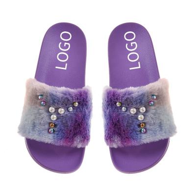 China Fashion trend logo custom wholesale fur soft comfortable non-slip servo slides girls winter purple slipper for women for sale