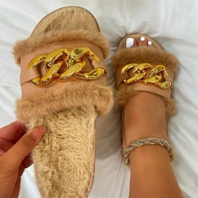 China Fashion Trend Women Winter Slippers Warm Fluffy Outdoor Brown Fashion Shoe Winter Fur Sandals Slip Waterproof Slippers for sale