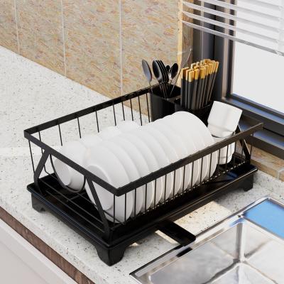 China New Design Black Sustainable Dish Drying Rack With Drainer And Utensil Rack Set Cabinet Storage Metal Dish Drainer For Kitchen Countertop for sale