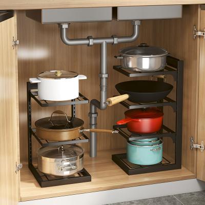 China Multi-Layer Stored Built in Mesa Storage Shelves Foldable Multi-Layer Household Pot Shelves Pots and Pans Rack Kitchen Cupboards for sale