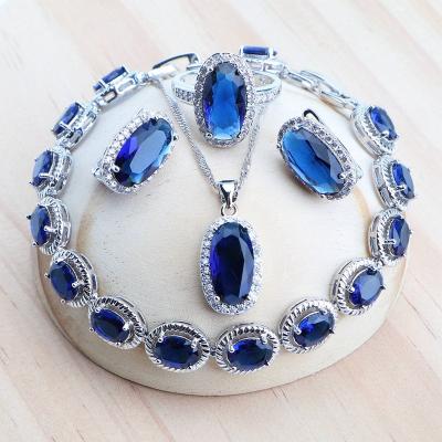 China TRENDY 925 Silver Blue Zircon Bridal Jewelry Sets For Women Wedding Costume Stone Bracelets Set Necklace Earrings Pendant Rings for sale