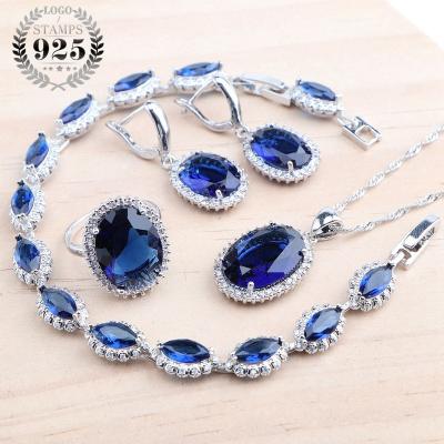 China CLASSIC Wedding 925 Silver Bridal Jewelry Sets For Women Costume Stone Bracelets Set Blue Zircon Earrings Ring Pendant Necklace for sale