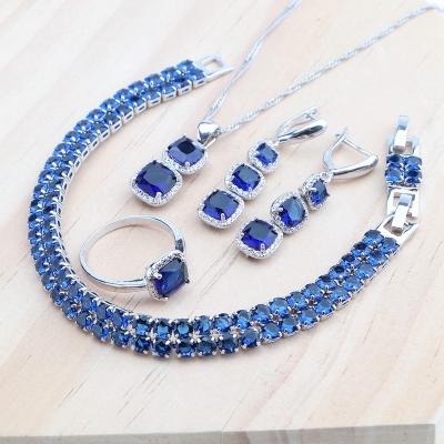 China CLASSIC Luxury Blue Zircon 925 Silver Jewelry Sets For Women Wedding Bridal Costume Bracelets Set Earrings Ring Pendant Necklace for sale