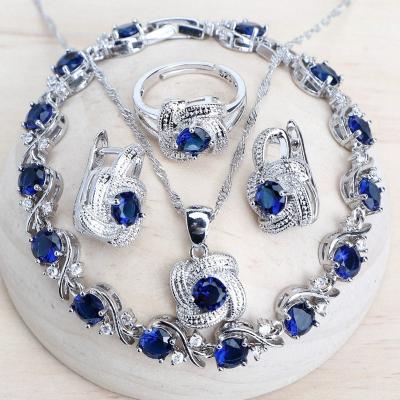 China CLASSIC Blue Zircon 925 Silver Jewelry Sets For Women Wedding Bridal Earrings Ring Bracelets Pendant Necklace Set for sale