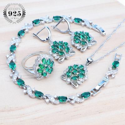 China Factory Green FASHIONABLE Zircon 925 Silver Luxury Jewelry Sets Wedding Bridal For Women Costume Bracelets Earrings Ring Pendant Necklace Set for sale