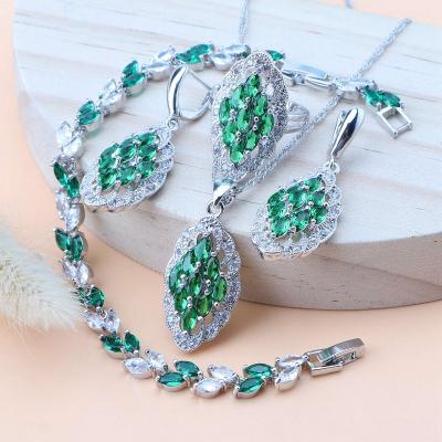 China FASHIONABLE Green Zirconia 925 Silver Wedding Jewelry Sets For Women Bridal Rings Stones Bracelets Necklace Pendant Set for sale