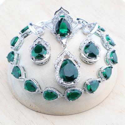 China FASHIONABLE Wedding 925 Silver Green Zirconia Jewelry Sets For Women Bridal Earrings Stones Bracelets Rings Necklace Pendant Set for sale