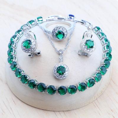 China CLASSIC Green Cubic Zircon Women 925 Silver Jewelry Set Bridal Wedding Earrings Stone Bracelets Rings Necklace Pendant Set for sale