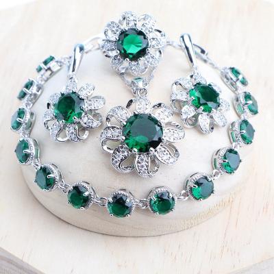 China TRENDY Flower Green Zircon 925 Silver Jewelry Sets Wedding Bracelets Bridal Rings Stone Earrings Women Suit Pendant Set for sale