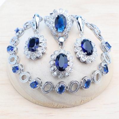 China CLASSIC Blue Cubic Zircon 925 Silver Bridal Jewelry Sets Wedding For Women Stones Earrings Bracelets Set Rings Pendant Necklace for sale