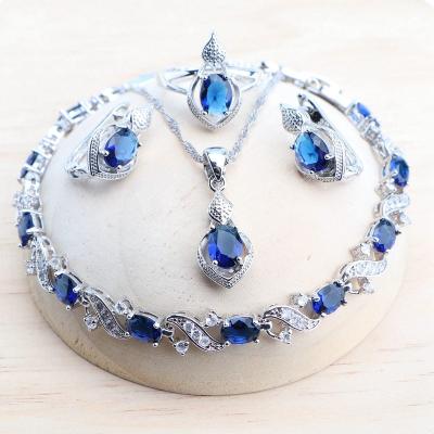 China CLASSIC Bridal 925 Silver Blue Zircon Jewelry Sets Wedding For Women Stone Earrings Bracelets Set Rings Pendant Necklace for sale